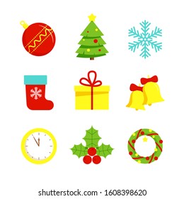 Christmas and New Year 2020 color flat icon set with snowflakes, christmas tree, balls, santa, sock, gift, drink and other stuff on a white background. Vector illustation for Xmas holidays. 