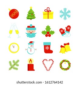 Christmas and New Year 2020 color flat icon set with snowflakes, christmas tree, balls, santa, sock, gift, drink and other stuff on a white background. Vector illustation for Xmas holidays. 