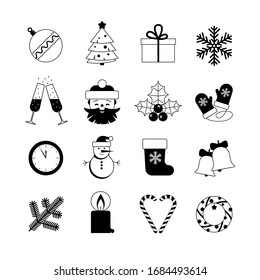 Christmas and New Year 2020 color flat icon set with snowflakes, christmas tree, balls, santa, sock, gift, drink and other stuff on a white background. Vector illustation for Xmas holidays. 