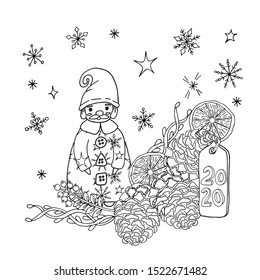 Christmas or New Year 2020 coloring vector page. Coloring sheets for Christmas or New Year party. Printable holiday coloring page.