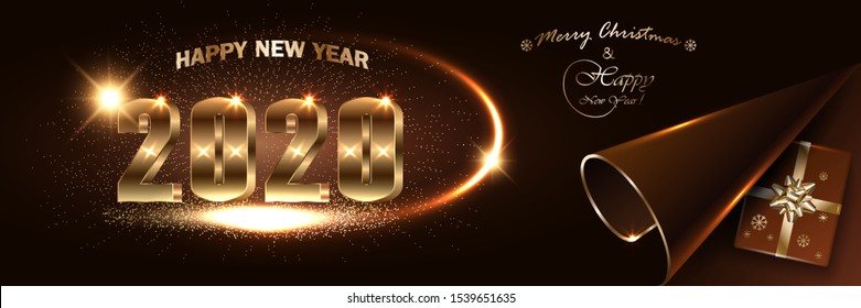 Christmas New Year 2020 dark banner mockup. Sparkling Xmas holiday lights, confetti, gift boxes with a gold ribbon and bow, luxurious shine text. Illustration for website design, greeting card.