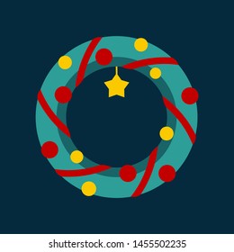 Christmas and New Year 2020 flat color icon with Xmas wreath on the dark blue background. Vector illustration for holidays. 