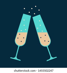 Christmas and New Year 2020 flat color icon with glass with fizzy wine on the dark blue background. Vector illustration for xmas holidays. 