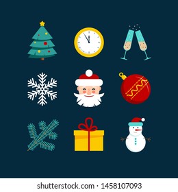 Christmas and New Year 2020 flat color icon set with snowflakes, christmas tree, balls, santa, gift, drink and other stuff on the dark blue background. Vector illustation for xmas holidays. 