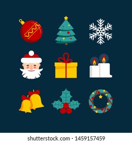 Christmas and New Year 2020 flat color icon set with snowflakes, christmas tree, balls, santa, sock, gift, drink and other stuff on the dark blue background. Vector illustation for xmas holidays. 