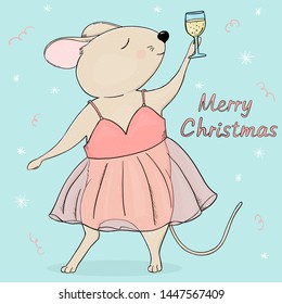 Christmas and new year 2020 greeting card. Chinese year of the Rat. Cute mouse in a dress and a glass of wine. Colorful vector illustration in sketch style.