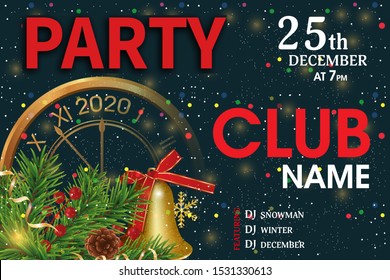 Christmas and New Year 2020 party invitation template. Xmas bright black background decorated festive elements golden clock and branches Christmas tree, bell and holly berries. Vector illustration.