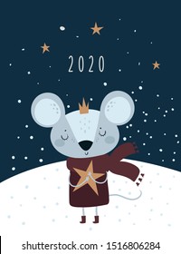 Christmas New Year 2020. Rat, mouse, mice, baby princess in crown. Holiday winter card. Cartoon animal character illustration. For print, poster, calendar, decoration, textile, card, souvenirs