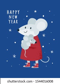 Christmas New Year 2020. Rat, mouse, mice, baby and mom. Cartoon animal character illustration. Holiday festive winter card. For print, poster, calendar, decoration, textile, card, souvenirs