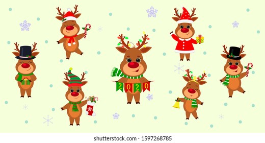 Christmas and New Year 2020. A set of seven cute reindeers in different costumes with holiday accessories on a background of snowflakes. Cartoon, flat style, Vector