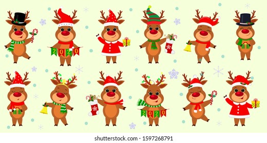 Christmas and New Year 2020. A set of twelve cute reindeers in different costumes with holiday accessories on a background of snowflakes. Cartoon, flat style, Vector