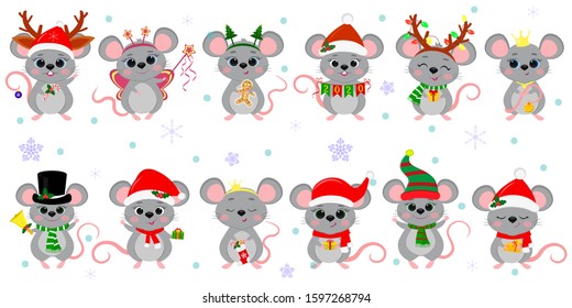 Christmas and New Year 2020. A set of twelve cute mouse rats in different costumes with holiday accessories on a background of snowflakes. Cartoon, flat style, Vector