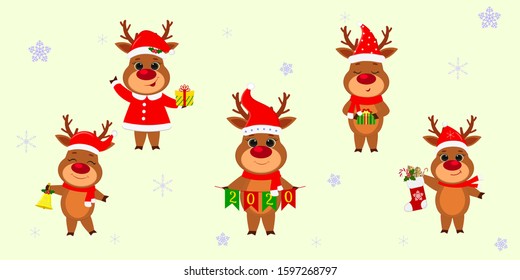 Christmas and New Year 2020. A set of five cute reindeers in different costumes with holiday accessories on a background of snowflakes. Cartoon, flat style, Vector