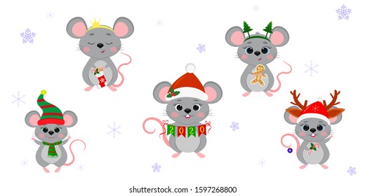 Christmas and New Year 2020. A set of five cute mouse rats in different costumes with holiday accessories on a background of snowflakes. Cartoon, flat style, Vector