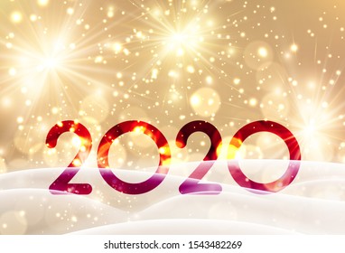 Christmas and New Year 2020 shiny gold card with firework and snow. Vector background.