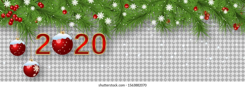 Christmas and New Year 2020 vector banner template. Fir tree branches border with balls on transparent background 