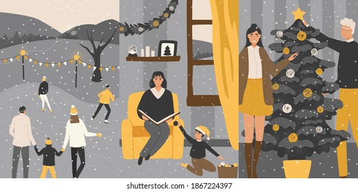 Christmas and New Year 2021 in the family. Merry Christmas with a winter set of illustrations, parents and children decorate the tree, walk, celebrate. Vector illustration