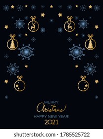 Christmas, New Year 2021. Festive curtain. Golden toys, deer, spruce, stars and snowflakes. 