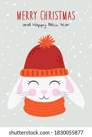 Christmas and New Year 2021 greeting card. Cute cartoon animals. Postcard, cover, poster, invitation, planners. Vector illustration.