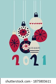 Christmas, New Year 2021 greeting card design template. Hand drawn baubles decorated with Hygge hand drawn patterns, 2021 hand lettering on blue background