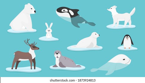 Christmas and New Year 2021 with polar animals
A collection of cute animals on ice in the sea: penguin, hare, fur seal, wolf, deer, bear, seal, walrus.
Vector illustration