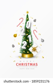Christmas and New Year 2021 poster. Conical Christmas Tree. Pine cones, Sweets, Confetti, Gifts, 2021 numbers, Christmas balls are circling around the Xmas tree. Winter holiday composition. 3D Vector