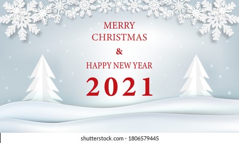 Christmas and New year 2021 season and snowflake paper art, paper craft style winter illustration