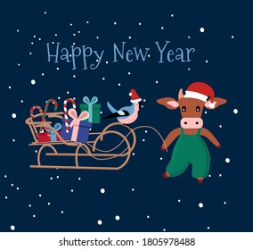 Christmas or New Year 2021 winter sale concept with sleigh full of presents.Special offer,discount.Bullfinch in santa claus hat sits on sled.Ox or bull in santa hat is a Chinese symbol.Vector postcard