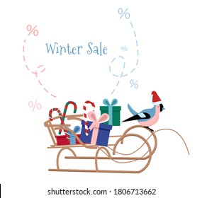 Christmas or New Year 2021 winter sale concept with sleigh full of presents.Special offer,discount.Bullfinch in santa claus hat runs a sled.Coupon for entertainment promotion. Gift card vector in flat