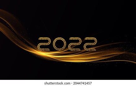 Christmas and New Year 2022 golden waves vector background. Swirl of golden waves with golden sparkles on black background.