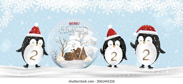 Tarjeta de felicitación Navidad y Año Nuevo 2022 Pingüino Cute ambientado con globo de navidad, personaje de caricatura de pingüino gracioso vectorial con sombrero de Navidad rojo jugando patinaje sobre hielo en la nieve, cartel de la Fiesta del Horizonte