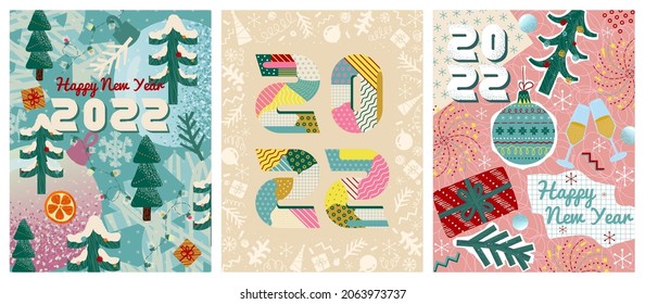 Christmas and New year 2022 greeting cards template. Vector set of winter holiday illustrations in vintage style. Christmas tree and toys. New year hand drawn poster in scrapbook or collage style