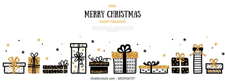 Christmas and New Year 2022 horizontal banner, card with gold ornate gift boxes and confetti on white background. Vector illustration. Place for text. Party brochure template