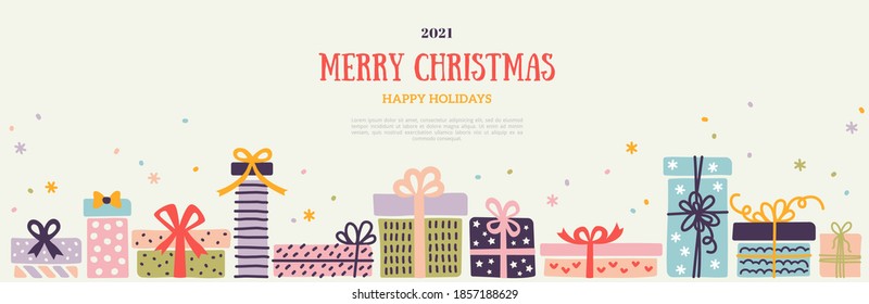 Christmas and New Year 2022 horizontal banner, border with colorful pastel ornate gift boxes and snow confetti on white background. Vector illustration. Place for text. Party brochure template