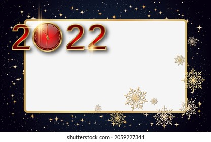 Christmas and New Year 2022 vector background with golden stars,  snowflakes and frame