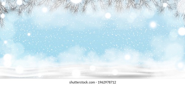 Christmas and New Year 2023 greeting card with Natural Winter landscapes with cloudy, blue sky and  snowfall with pine tree frame,Vector Luxury Winter wonderland landscape with beautiful snow falling