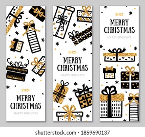 Christmas and New Year 2023 vertical banners set, border with gold and black gift boxes and confetti on white background. Vector illustration. Place for text. Party brochure template