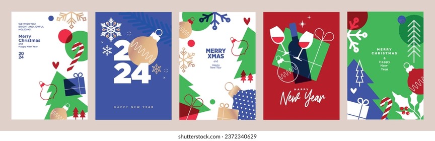 Christmas and New Year 2024 greeting cards set. Modern vector illustration concepts for greeting card, website and mobile website banner, party invitation card, posters, social media banners.