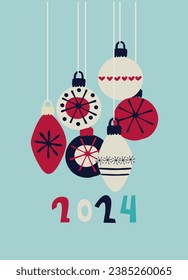 Christmas, New Year 2024 greeting card design template. Hand drawn baubles decorated with Hygge hand drawn patterns, 2024 hand lettering on blue background
