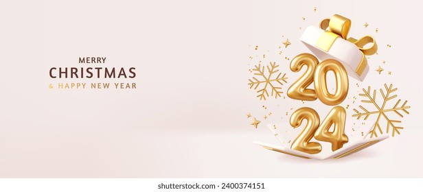 Christmas and New Year 2024 greeting card with open gift box with numbers, balls, gift boxes, confetti, ribbons and snowflakes. 3d rendering. Vector illustration