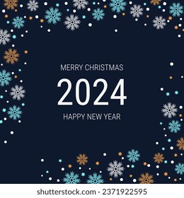 Christmas and New Year 2024 vector background with stars and snowflakes. Design for banner, square flyer, invitation card, coupon, voucher