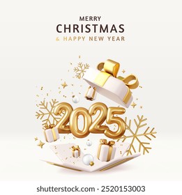 Christmas and New Year 2025 greeting card with open gift box with numbers, balls, gift boxes, confetti, ribbons and snowflakes. 3d rendering. Vector illustration