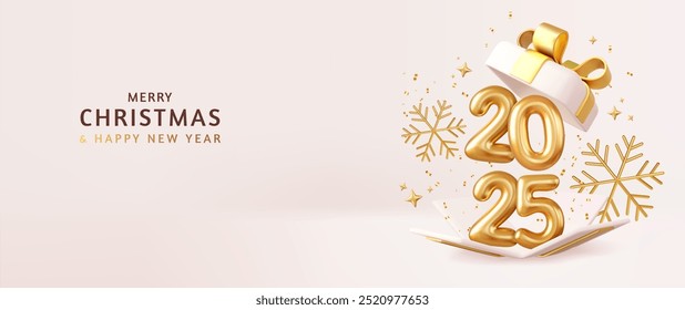 Christmas and New Year 2025 greeting card with open gift box with numbers, balls, gift boxes, confetti, ribbons and snowflakes. 3d rendering. Vector illustration