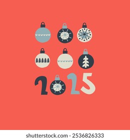 Navidades, Plantilla de diseño de tarjeta de felicitación del año Nuevo 2025. Árboles de abeto dibujados a mano, letras de la mano 2025 sobre fondo de color claro