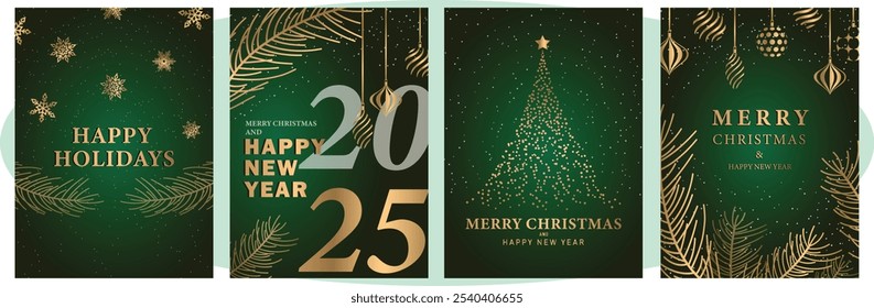 Natal e Ano Novo 2025 Greeting Cards Set. Modernos e elegantes desenhos de luxo com sotaques de ouro, ramos de fogo, ornamentos e flocos de neve. 