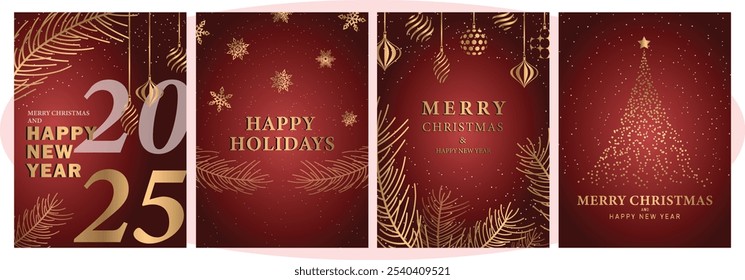 Christmas and New Year 2025 Greeting Card Design Set. Luxury Gold and Red Accents with Fir Tree Branches, Ornaments and Snowflake Graphics. 