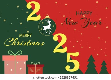 Christmas and New Year 2025 holiday card with red and green theme, festive reindeer ornament, gifts, and decorative snowflakes