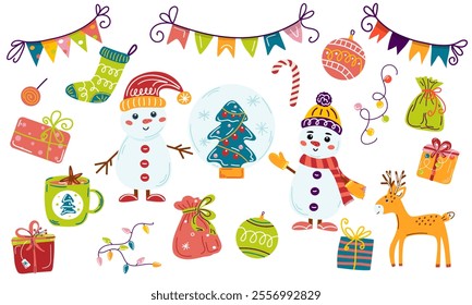 Christmas and New Year 2025 set. Glass snow globe with Christmas tree, snowmen, deer, gifts with bows, garlands, flags on a string, gift sock, candy, Christmas tree decorations, hot winter drink