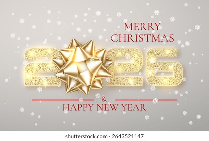 Christmas And New Year 2026 Greeting With Golden Bow, Sparkling Numbers, And Falling Snow On Light Background. Perfect For Holiday Cards And Invitations. Vector Illustration.