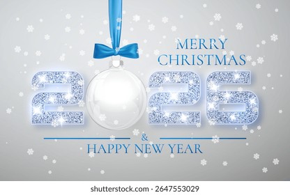 Christmas and New Year 2026 Holiday Design with Blue Glitter Numbers, Snowflakes, and Hanging Glass Ornament on Light Background. Elegant Seasonal Vector Illustration.
